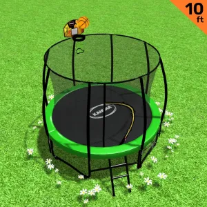 10ft Green Outdoor Trampoline with Safety Net, Ladder & Basketball Set Kahuna