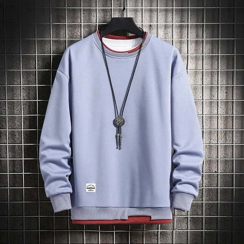 2024 spring Mens Casual Sweatshirts Fashion Fake Two Pieces O Neck Hoodies Men Harajuku Streetwear Tops Autumn Male Sweatshirt