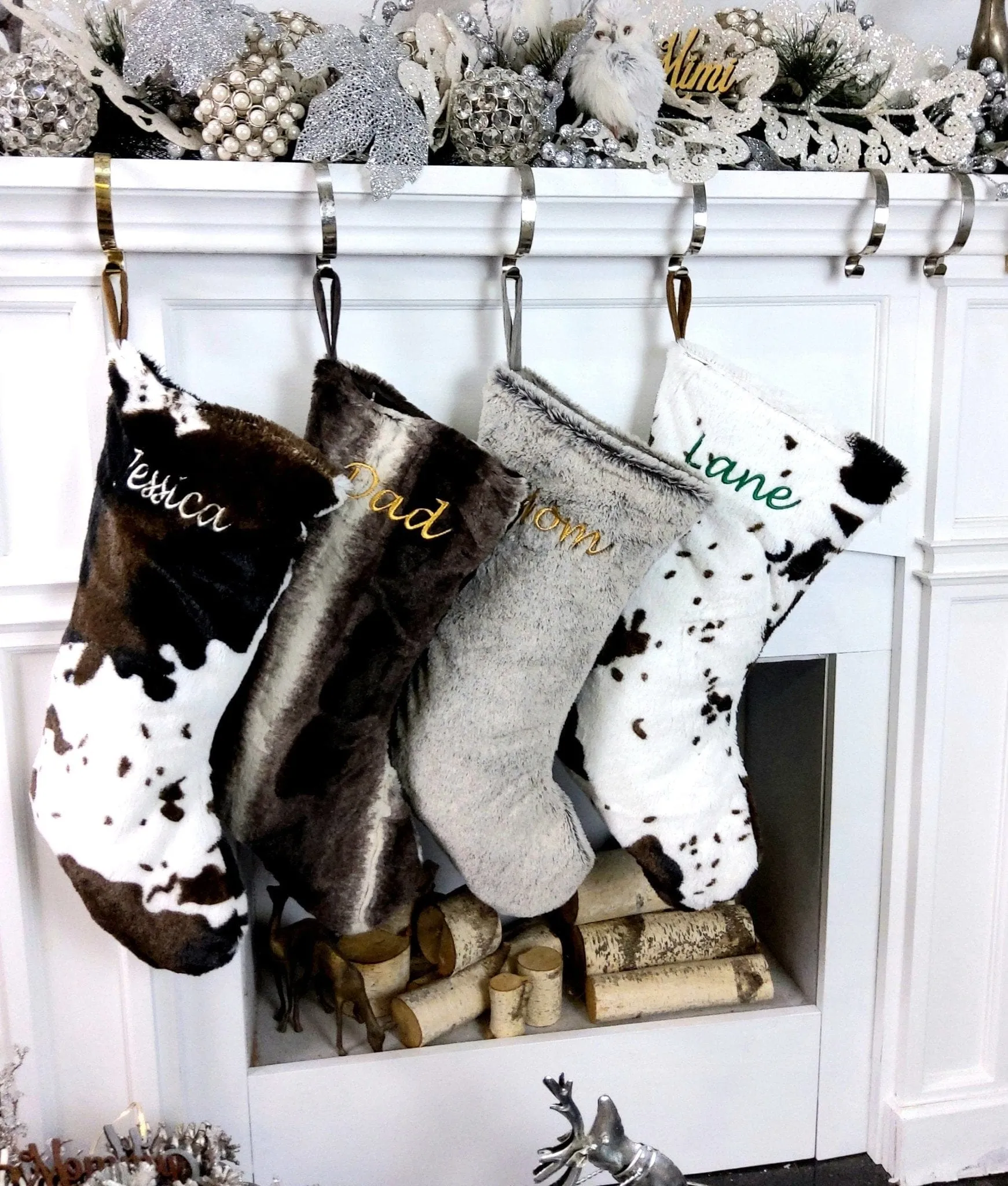 22" Faux Fur Christmas Stockings | Personalized Monogram Fur Boot Xmas Stocking Luxe Decor Mink Black Silver Grey Brown