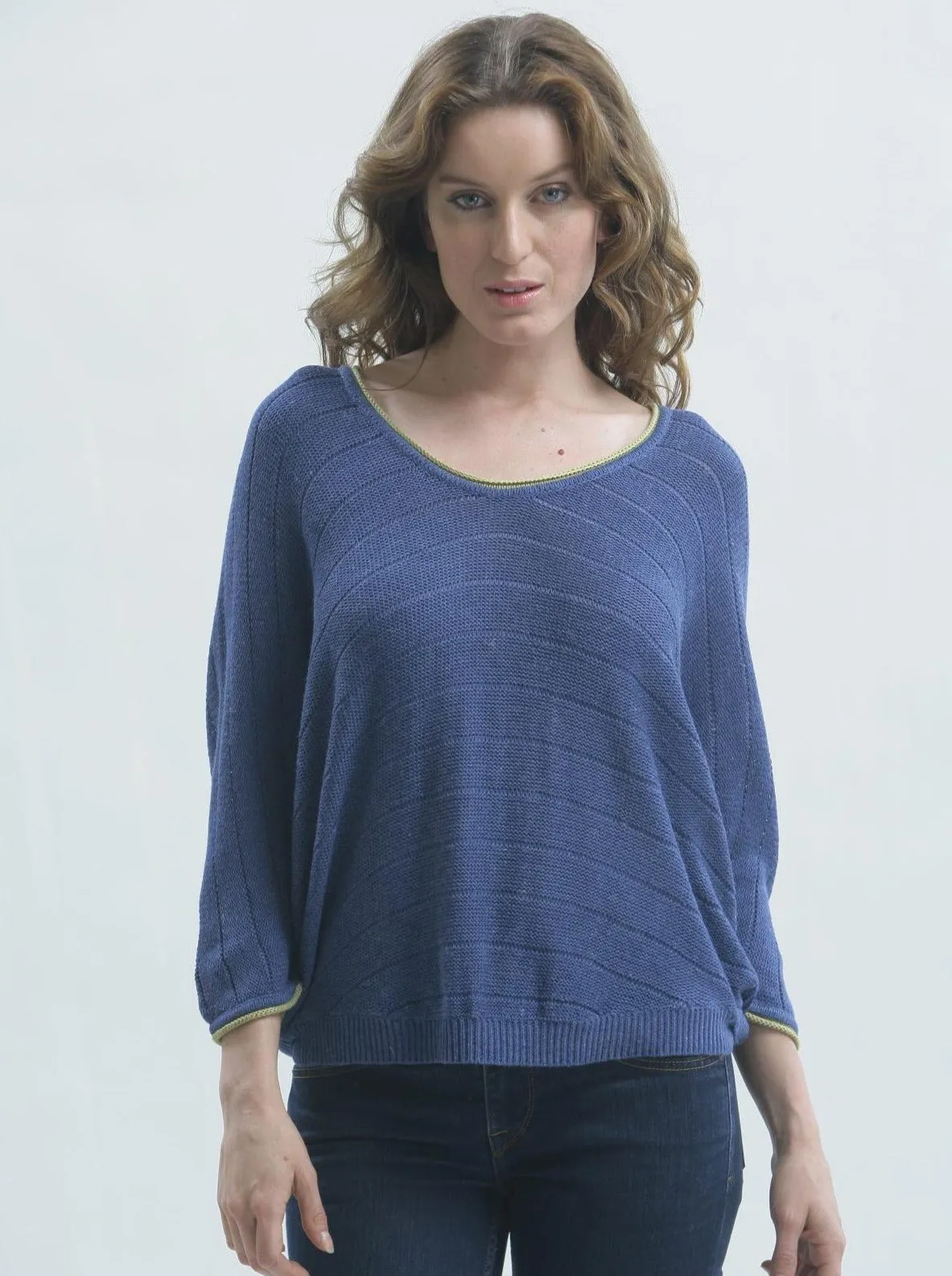 Contrast Piping Pullover in Silk/Linen Blend