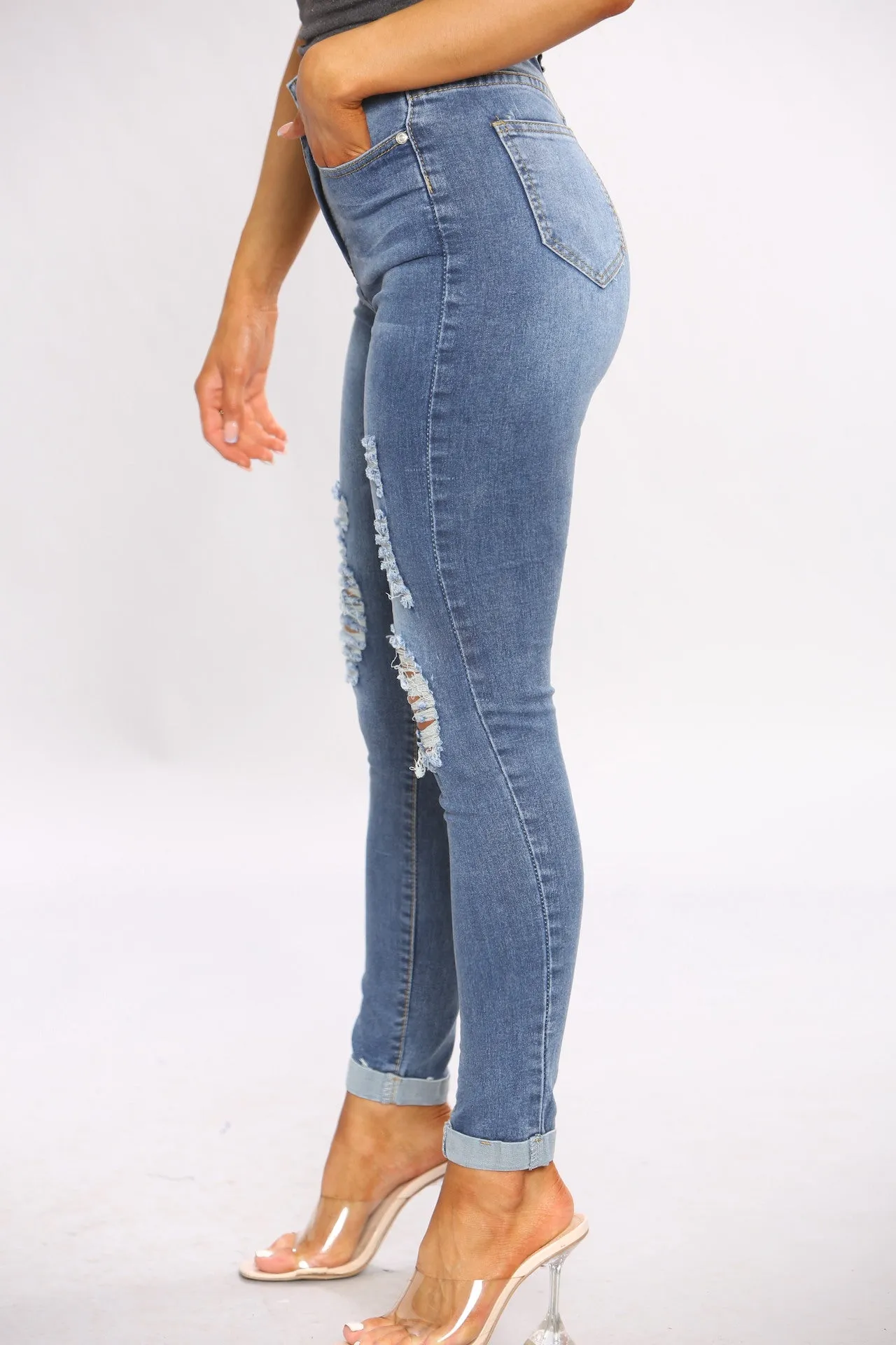 Denim Distressed Blue Wash Skinny Fit Jeans