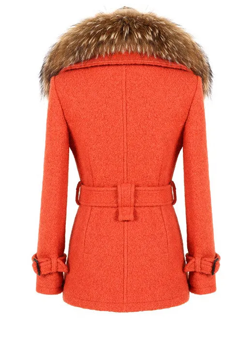 Detachable Faux Fur Collar Coat - Orange