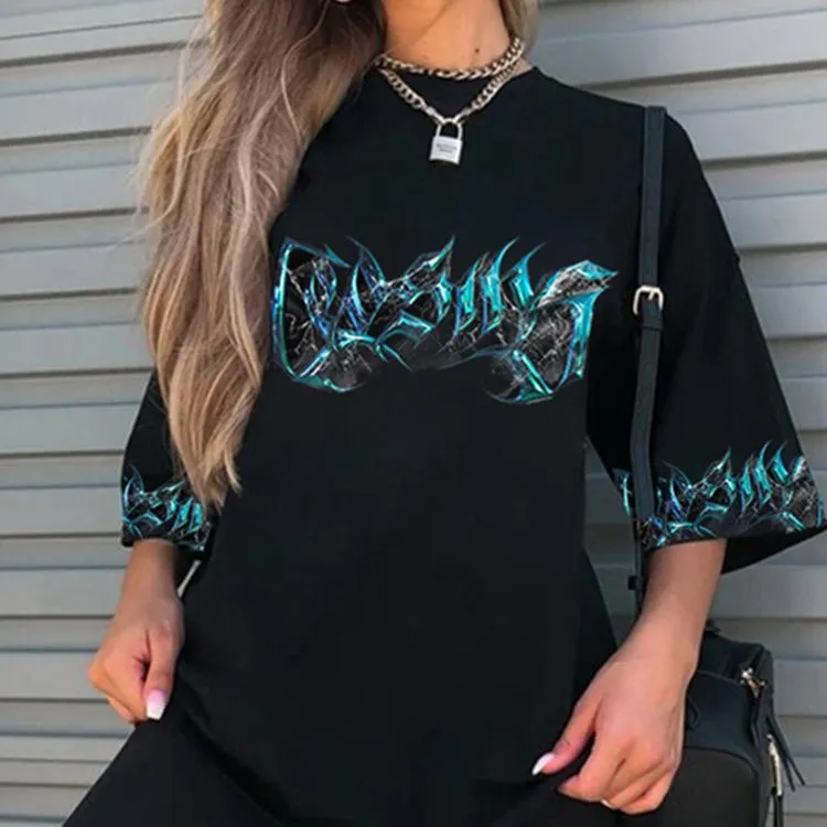 Fashion ghost blue fire print T-shirt