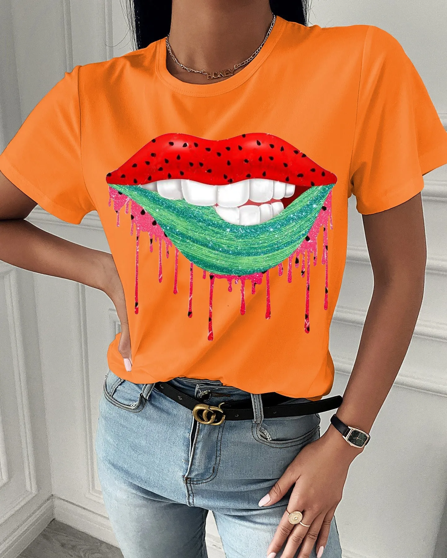 Fashion red lip printing short-sleeved T-shirt