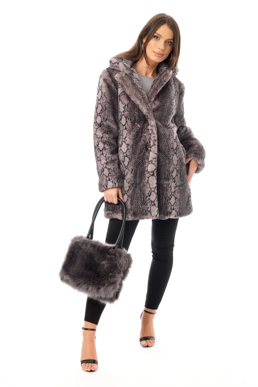 Faux Fur Zip Shoulder Handbag with Leather Strap