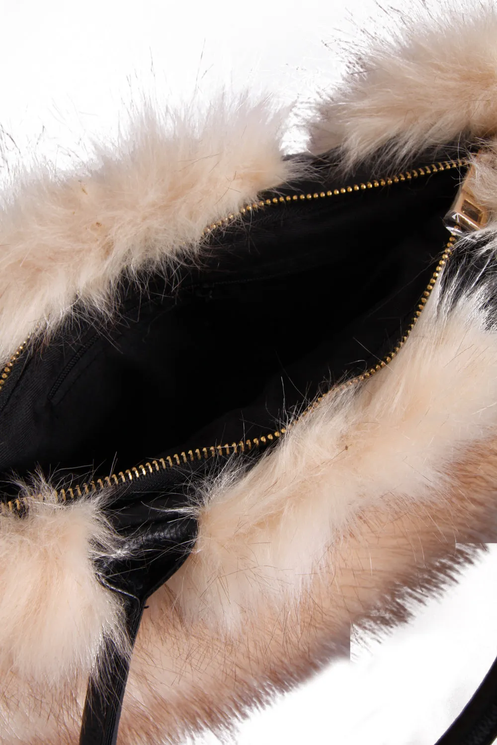 Faux Fur Zip Shoulder Handbag with Leather Strap