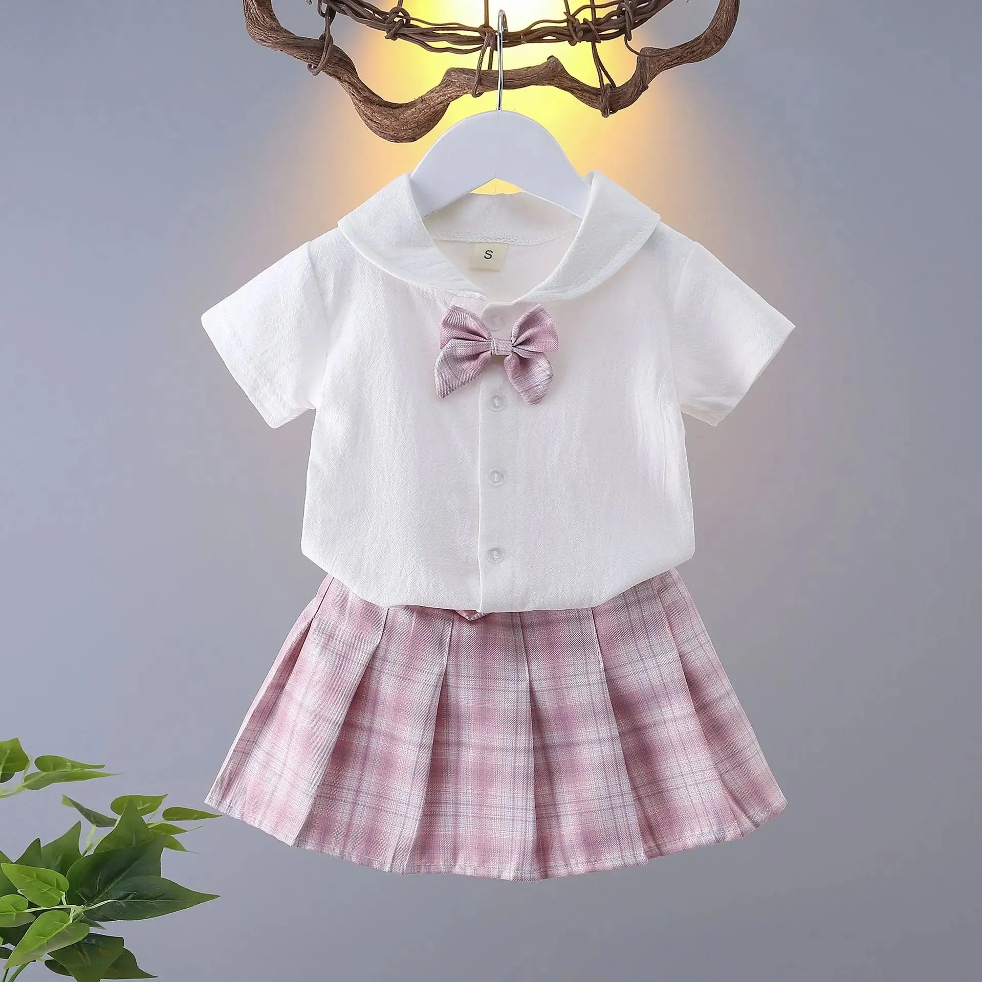 Girls College Style Jk Uniform Pleated Skirt   Short Sleeves Shirts Summer Children Big Kids School Students Sweat Clothes 0-12Y