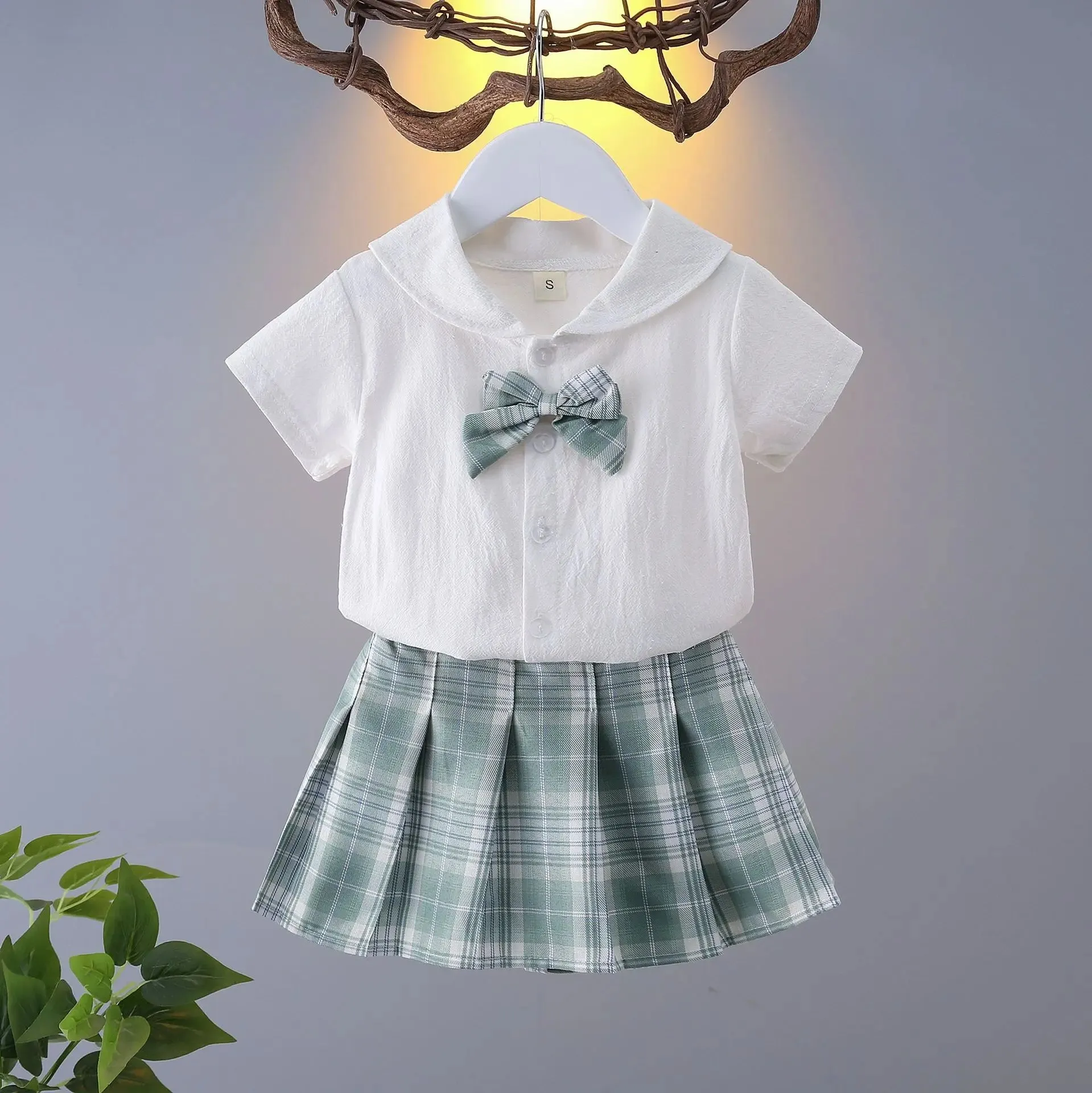 Girls College Style Jk Uniform Pleated Skirt   Short Sleeves Shirts Summer Children Big Kids School Students Sweat Clothes 0-12Y