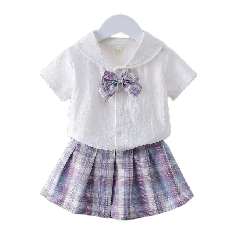 Girls College Style Jk Uniform Pleated Skirt   Short Sleeves Shirts Summer Children Big Kids School Students Sweat Clothes 0-12Y