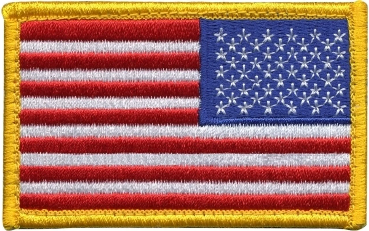 HERO'S PRIDE U.S. FLAG PATCH, REVERSE, HOOK, 3-3/8X2" (YELLOW GOLD BORDER)