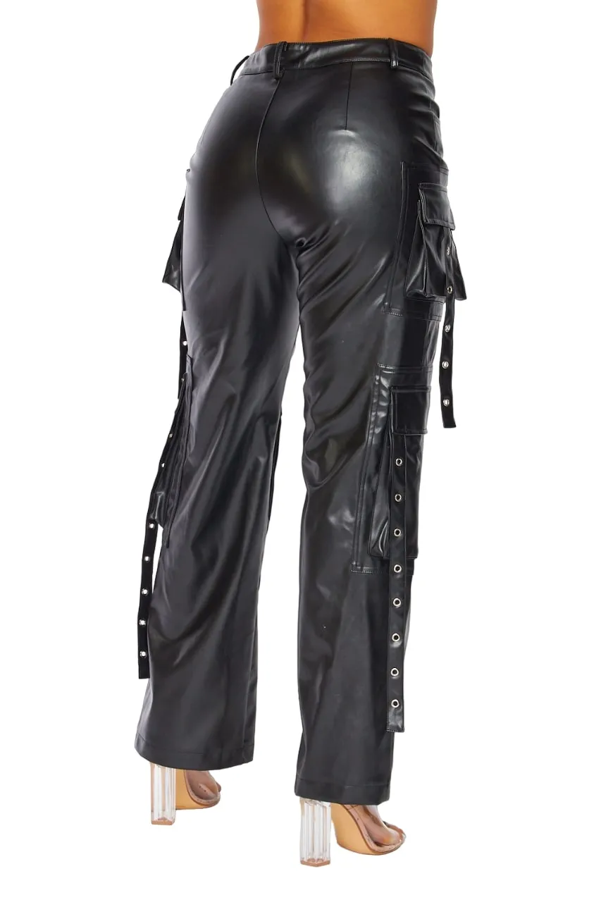 Hot & Delicious Women's No Control Faux Leather Straight Leg Cargo Pants