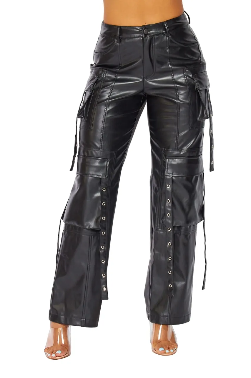 Hot & Delicious Women's No Control Faux Leather Straight Leg Cargo Pants