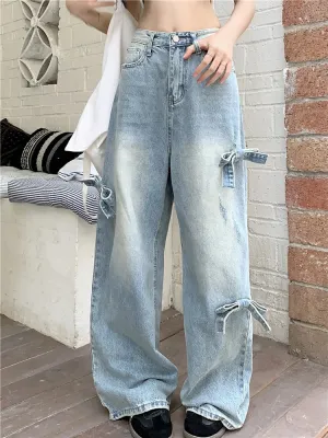 Korean Casual Wide Leg Streetwear Denim Jeans with Bowknot