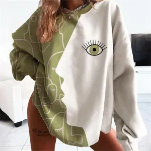 Long sleeve printed round neck mid-length sweater women's clothing