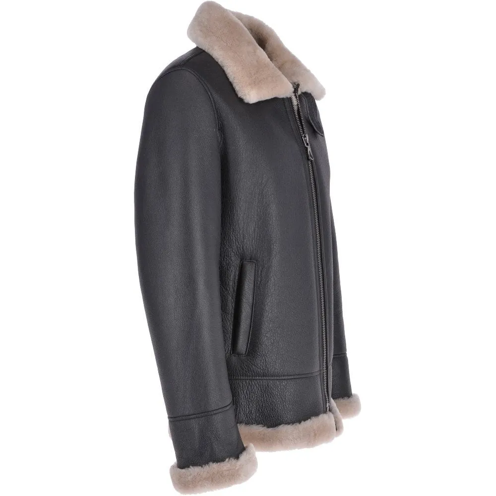 Men Brown Shearling Real Black Leather Bomber Jacket