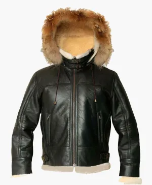 Men's Hooded Flight Bomber Leather Jacket with Fur Lining