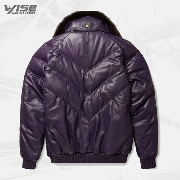 Men's Purple Leather V-Bomber Jacket