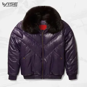 Men's Purple Leather V-Bomber Jacket