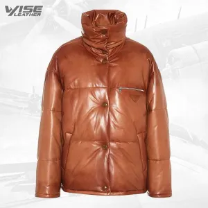 Mens Real Brown Leather Puffer Jacket