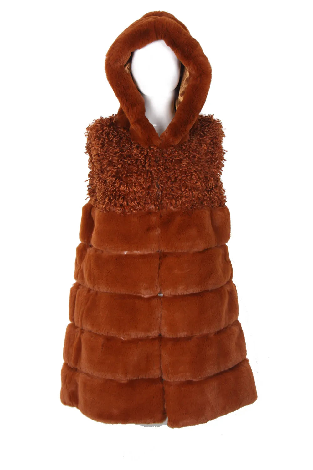 Mixed Fur Hooded Long Gilet