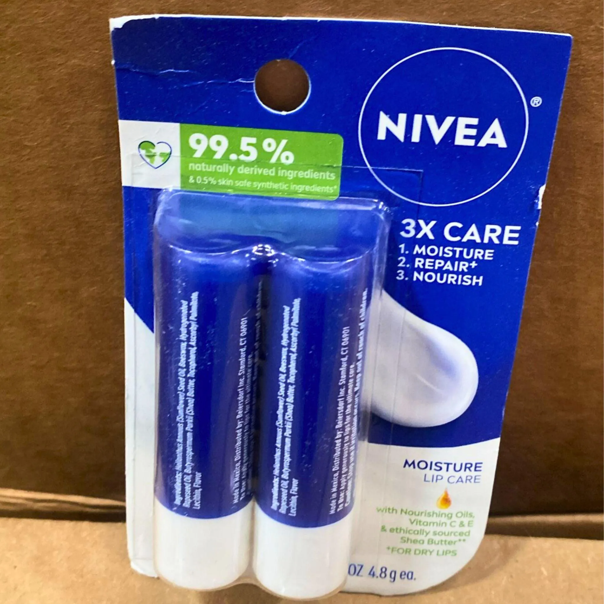 Nivea 3x Care Moisture Lip Care, 0.17 oz two (2) sticks (96 Pcs Lot)