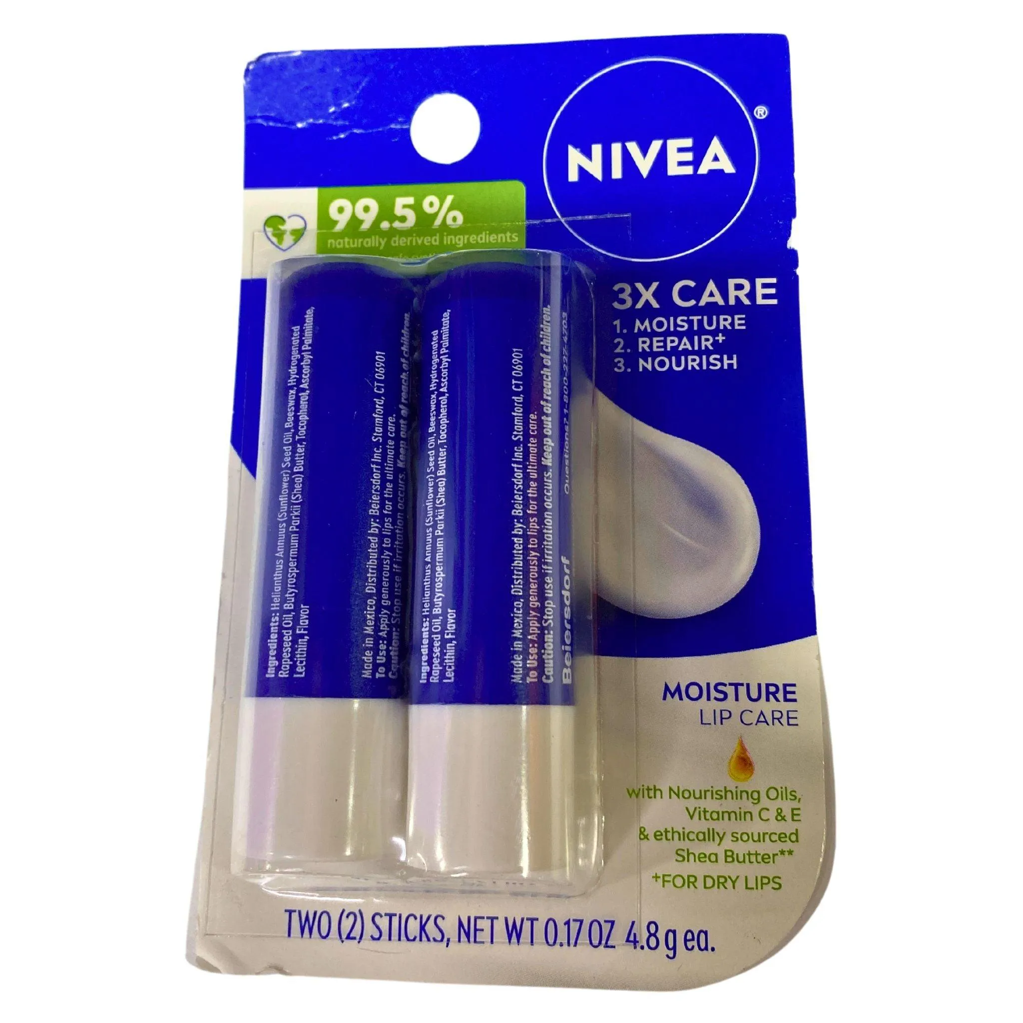 Nivea 3x Care Moisture Lip Care, 0.17 oz two (2) sticks (96 Pcs Lot)