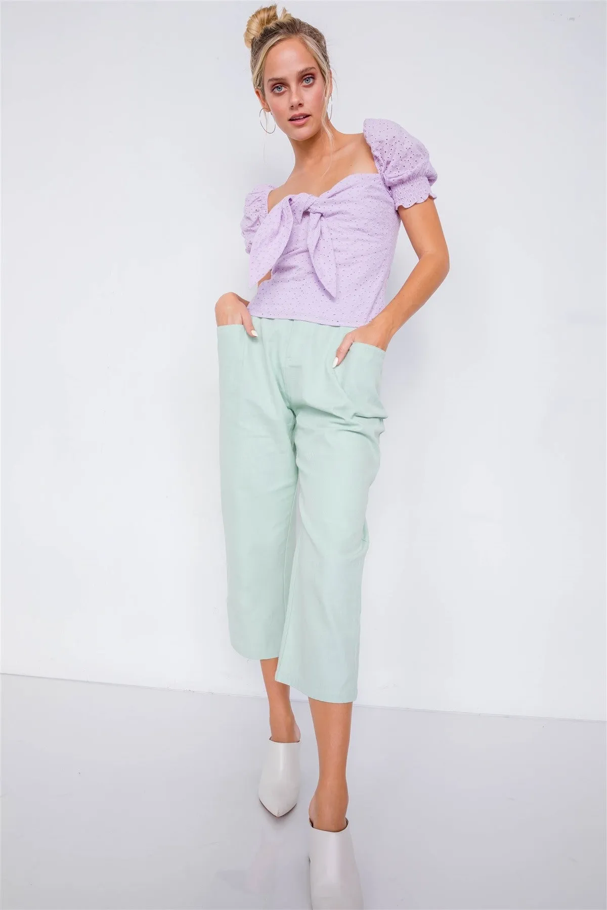 Pastel Chic Solid Ankle Wide Leg Adjustable Snap Waist Pants - 2 colors