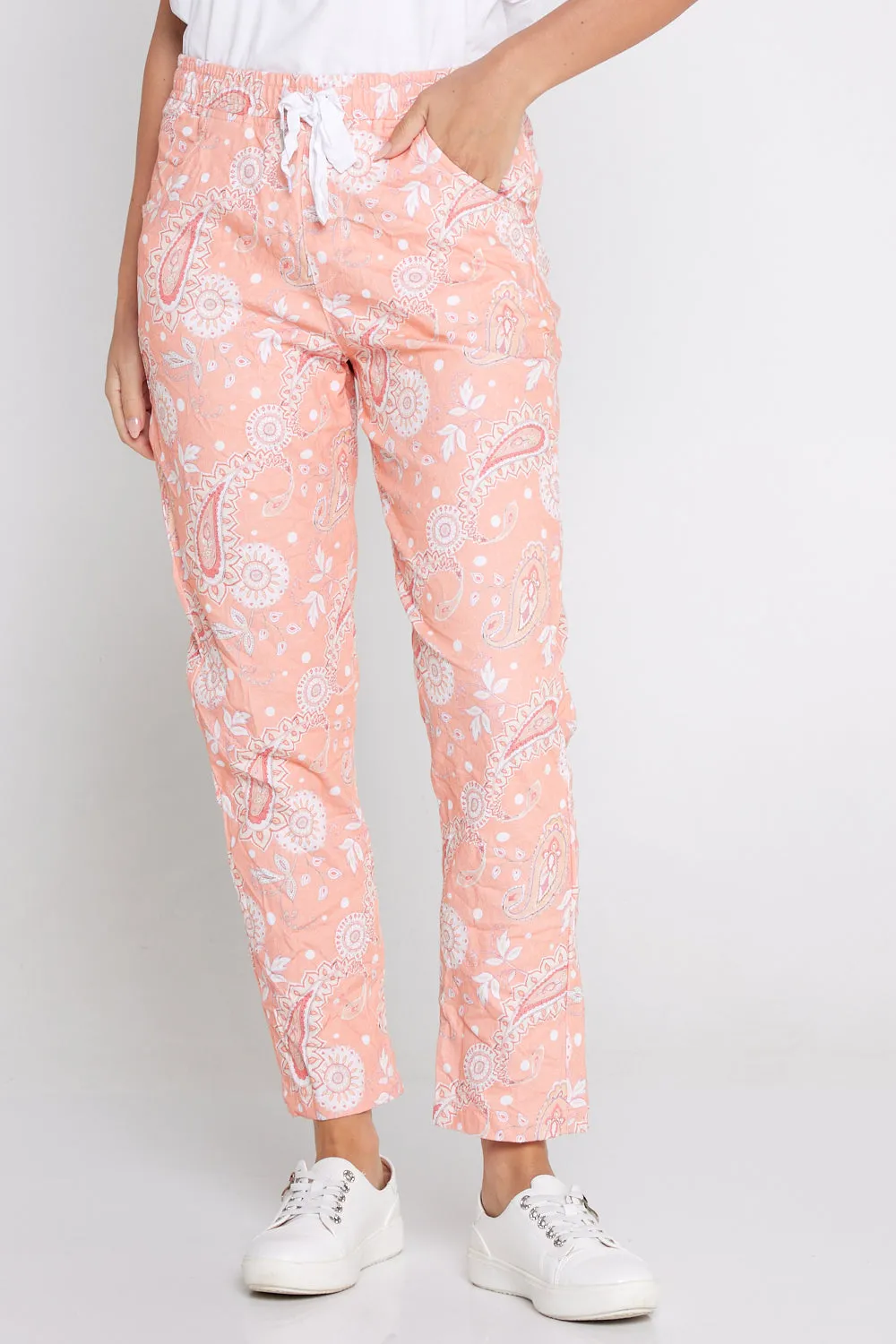 Printed Crushed Drawstring Pants - Peach Paisley