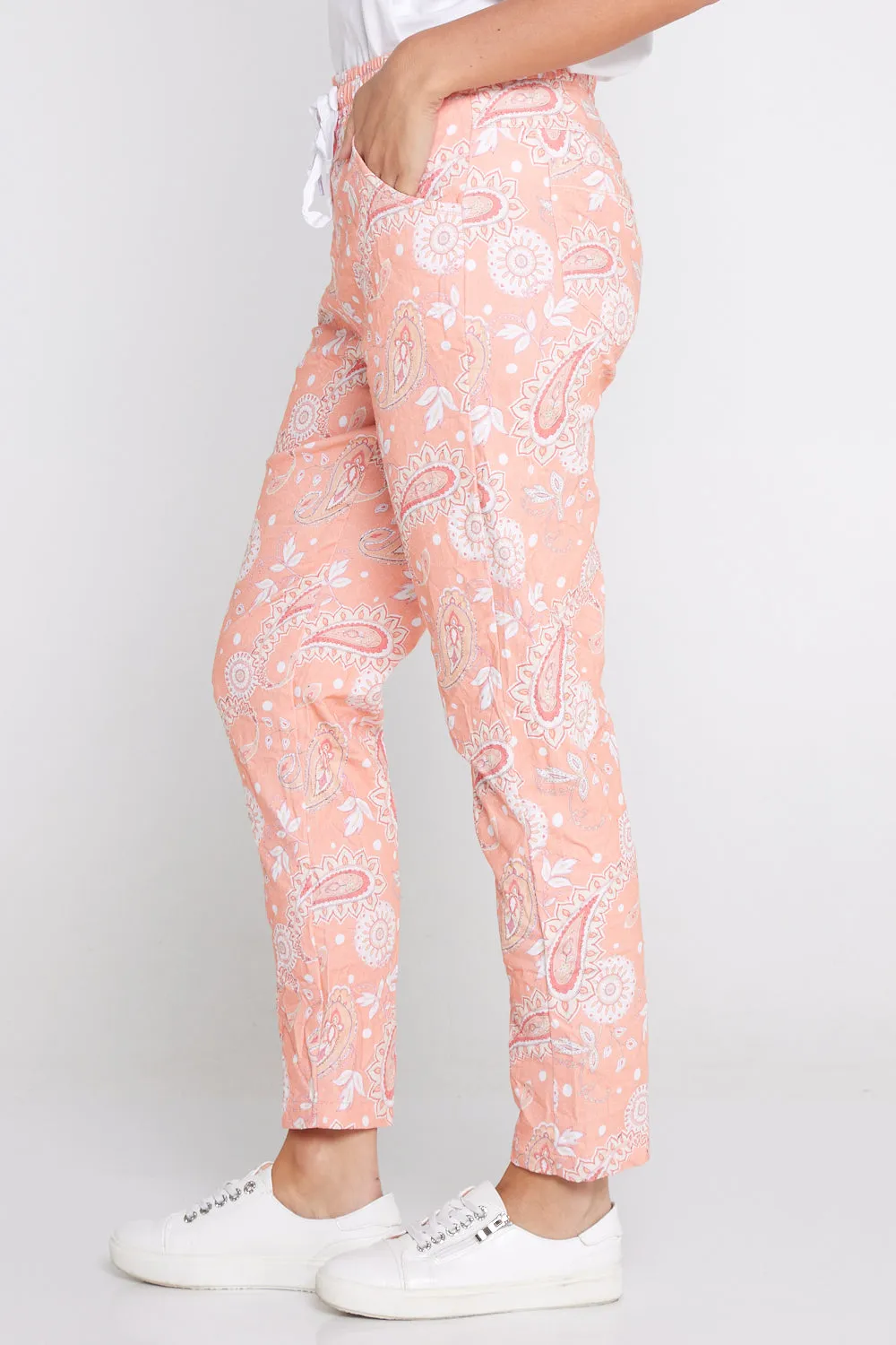 Printed Crushed Drawstring Pants - Peach Paisley