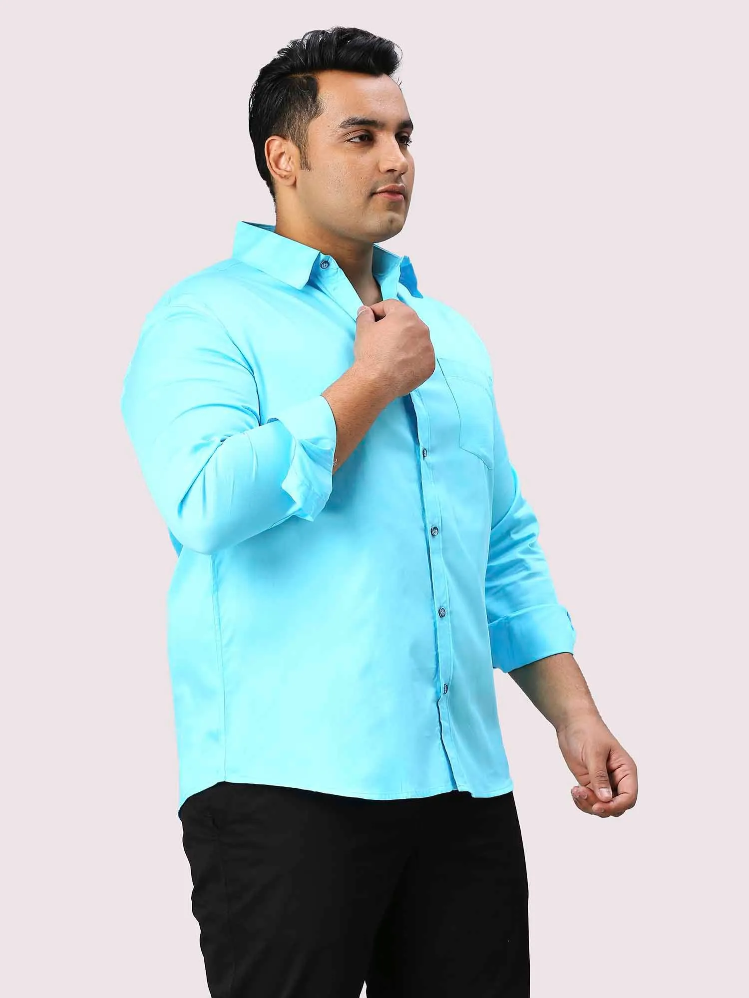 Sky Blue Pure Cotton Full Sleeve Shirt Men's Plus Size