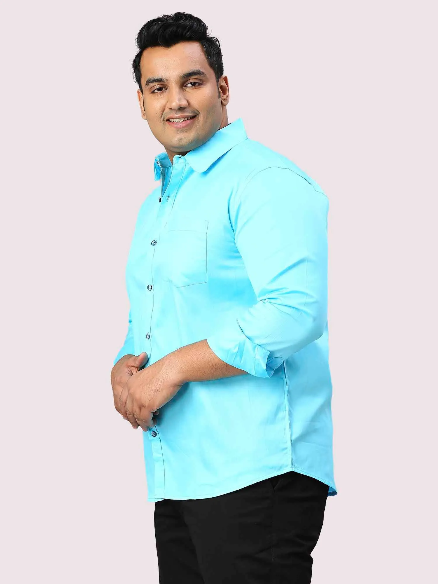 Sky Blue Pure Cotton Full Sleeve Shirt Men's Plus Size