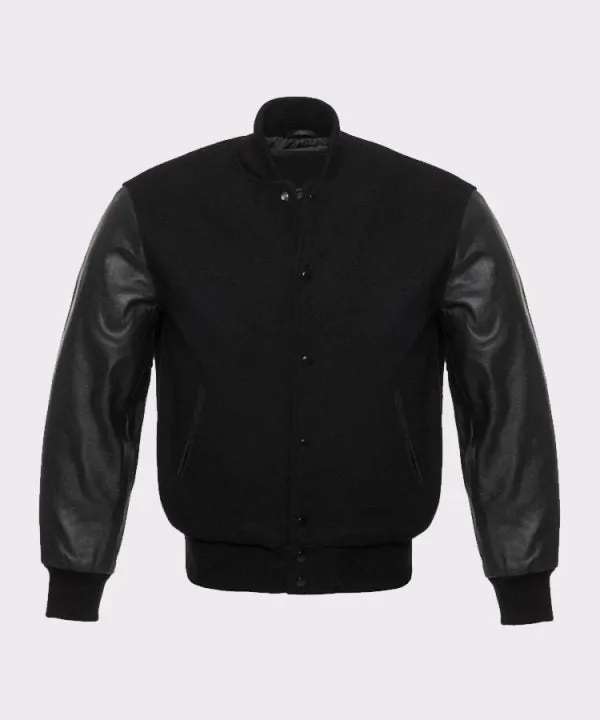 Solid Black Varsity Letterman Wool And Genuine Leather Sleeves Jacket