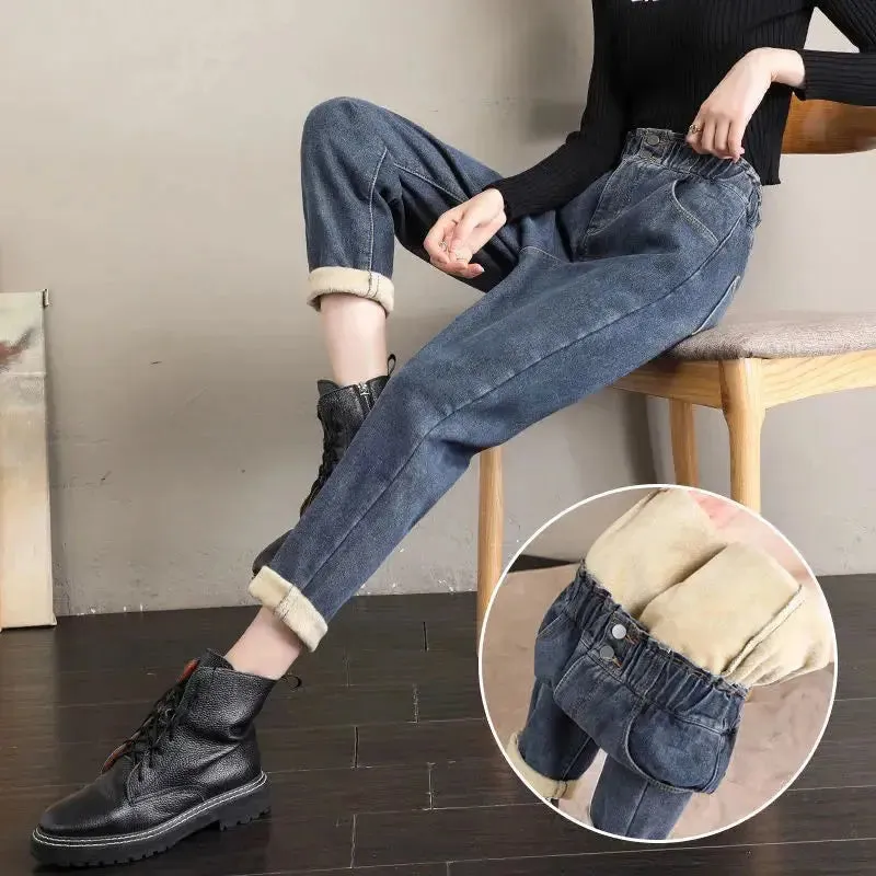 Thicken Warm Ankle-length Harem Jeans Baggy Winter Denim Pants Plus Velvet For Women Vaqueros Korean High Waist Pantalones