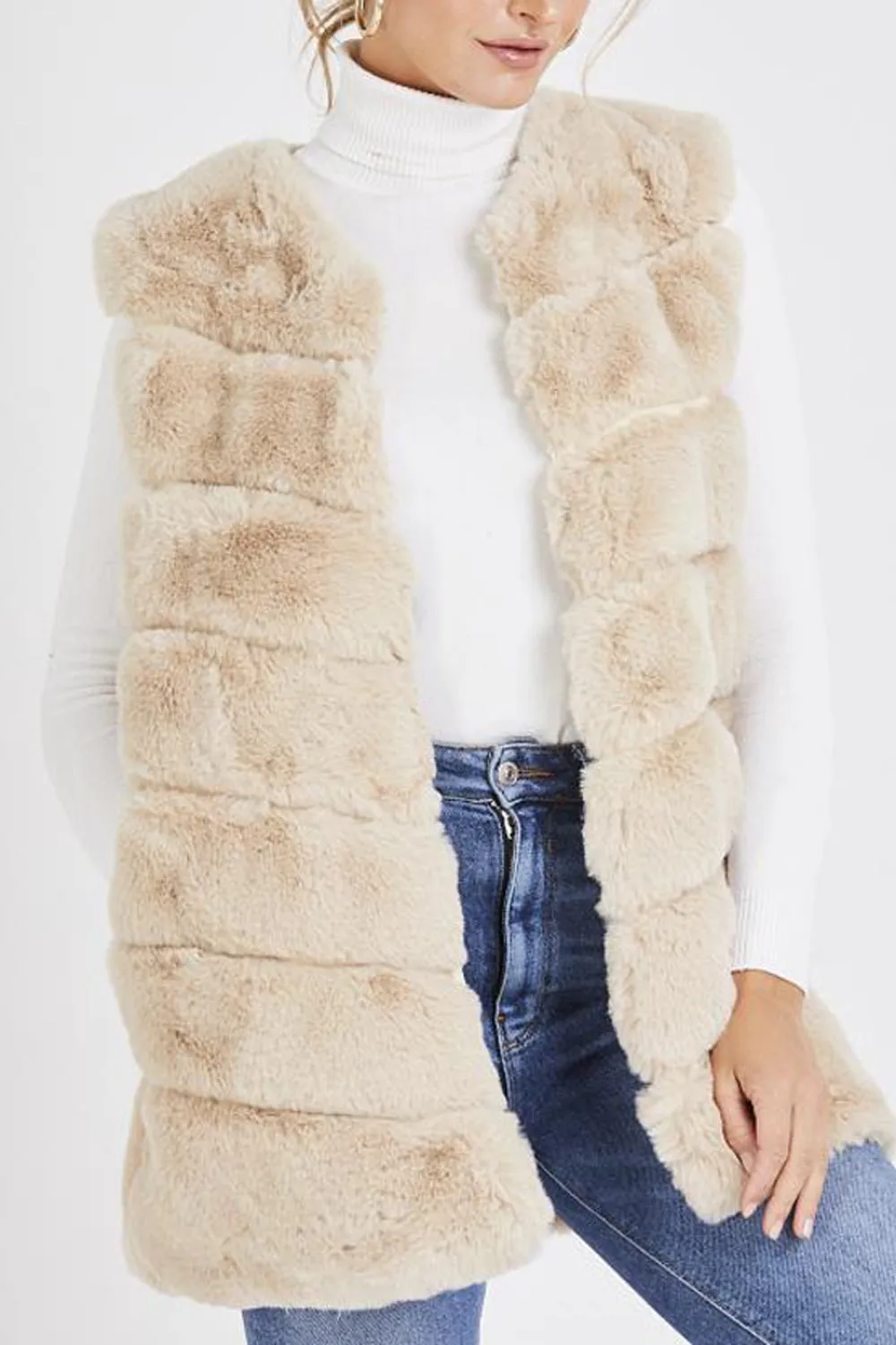 Ultra Soft Chevron Faux Rabbit Fur Leather Panel Gilet