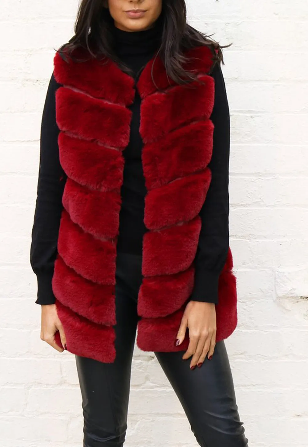 Ultra Soft Chevron Faux Rabbit Fur Leather Panel Gilet