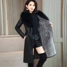 Wenkouban Women's Leather Jacket For Winter 2022 New Plus Velvet Warm Slim Big Fur Collar Long Leather Coat Female Outerwear Winter Coats