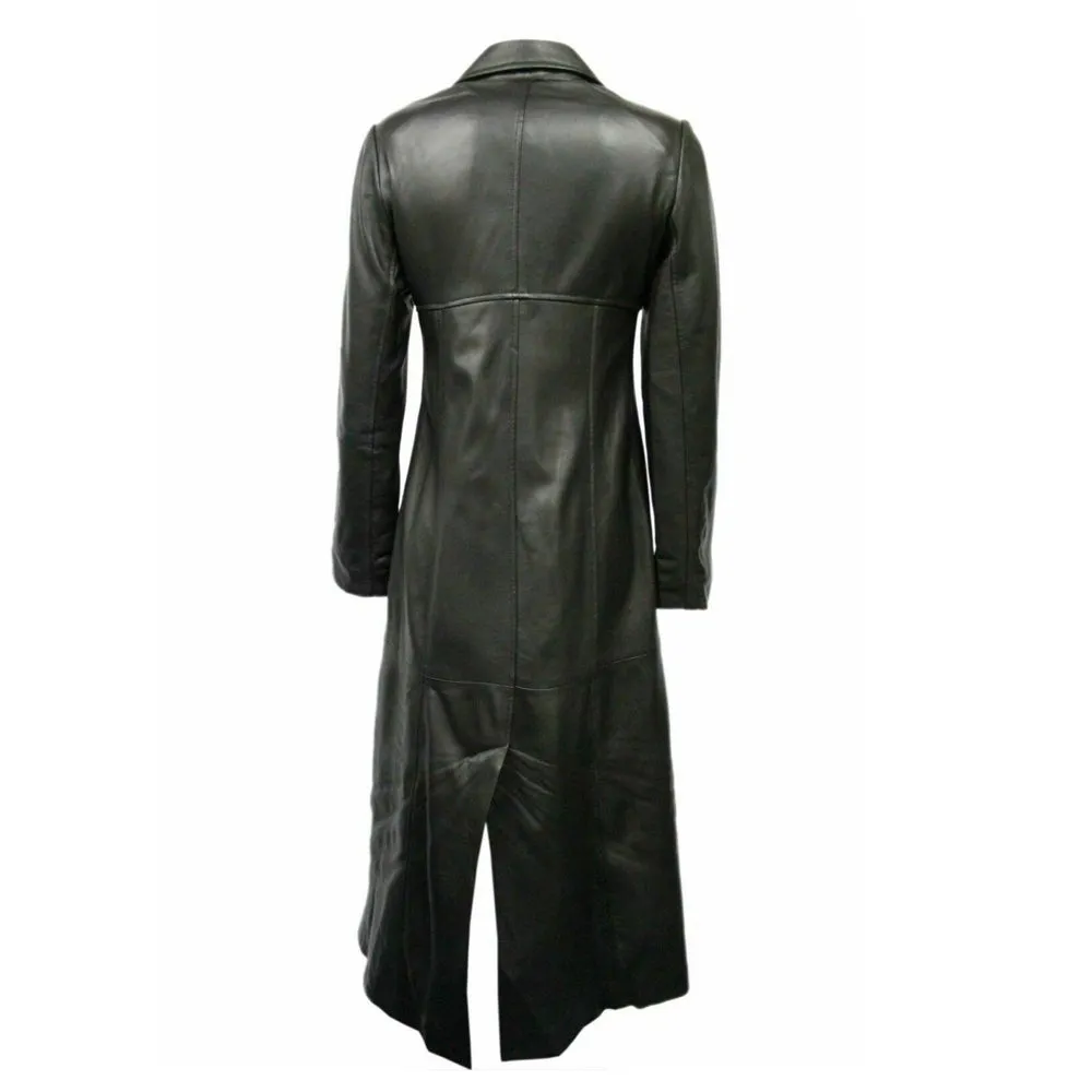 Women Black Leather Long Trench Overcoat