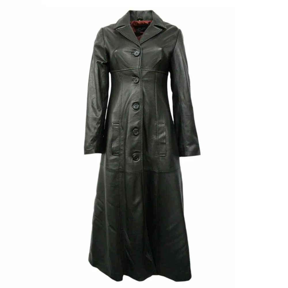 Women Black Leather Long Trench Overcoat