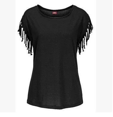 Women's Tops Blouse Soft Tassels Short Sleeve Solid Casual Summer Crew Neck Tassel Sleeves Shirt