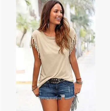 Women's Tops Blouse Soft Tassels Short Sleeve Solid Casual Summer Crew Neck Tassel Sleeves Shirt